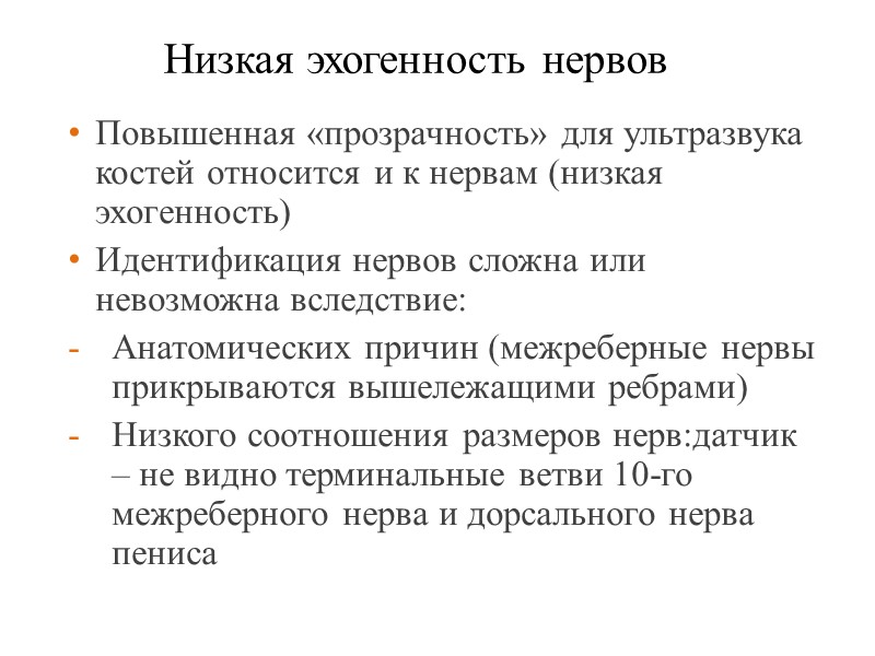 Низкая эхогенность нервов Повышенная «прозрачность» для ультразвука костей относится и к нервам (низкая эхогенность)
